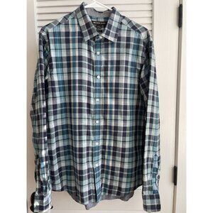 Michael Kors Classic Fit Long Sleeve Button-up Blue Grey Plaid Shirt Men's L